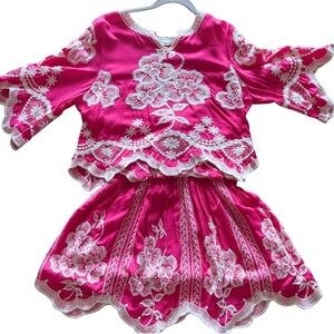 Solitaire Pink Floral Embroidered Two Piece Set top and skirt with elastic waist